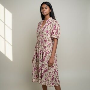 Anthropologie Women's Midi Floral Dress in Cream & Pink